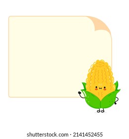 Carácter gracioso de maíz lindo con burbuja de habla. Caricatura dibujada a mano del vector icono de ilustración del personaje kawaii. Fondo blanco aislado. Emoji, niño, cara, niños, dibujos animados, adorable, kawaii