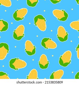 Cute funny corn concept blue seamless pattern. Vector hand drawn cartoon kawaii character illustration icon. Cute happy kawaii corn cartoon seamless pattern concept