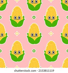 Cute funny corn concept seamless pattern. Vector hand drawn cartoon kawaii character illustration icon. Cute happy kawaii corn cartoon seamless pattern concept