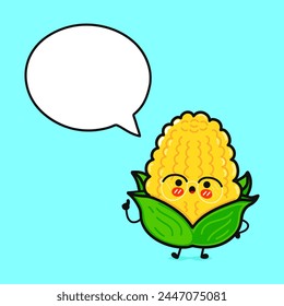 Cute funny Corn doing yoga with speech bubble. Vector hand drawn cartoon kawaii character illustration icon. Isolated on blue background. Happy Corn character concept