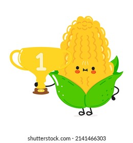 Cute divertido maíz sostiene la taza del trofeo de oro.Dibujo a mano del vector icono de ilustración kawaii.Aislado sobre el fondo blanco. Corn con el trofeo ganador taza, emoji, niño, cara, adorable, concepto de niños