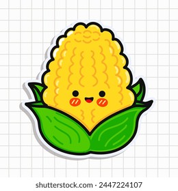 Cute funny Corn sticker. Vector hand drawn cartoon kawaii character illustration icon. Isolated on background. Happy Corn card character concept