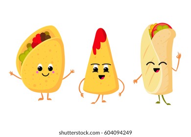 Cute funny corn taco, burrito and nachos with smile in face. fresh lunch mexican food vector set