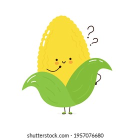 Cute funny corn vegetable character with question marks. Vector hand drawn cartoon kawaii character illustration icon. Isolated on white background. Corn organic vegetable cartoon character concept