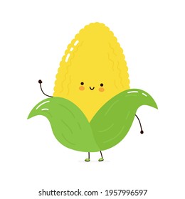 Cute funny corn vegetable character. Vector hand drawn cartoon kawaii character illustration icon. Isolated on white background. Corn organic vegetable cartoon character concept