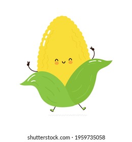 Cute funny corn vegetable character jump. Vector hand drawn cartoon kawaii character illustration icon. Isolated on white background. Corn organic vegetable cartoon character concept