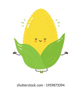 Cute funny corn vegetable character meditate. Vector hand drawn cartoon kawaii character illustration icon. Isolated on white background. Corn organic vegetable cartoon character concept