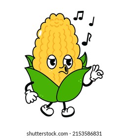 Cute funny corn walking singing character. Vector hand drawn traditional cartoon vintage, retro, kawaii illustration icon. Isolated background. Happy corn walk sing character