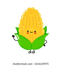 Cute funny corn waving hand character.Vector hand drawn cartoon kawaii character illustration icon. Isolated on white background. corn character emoji,child,face,adorable,kids,cartoon,doodle,cute