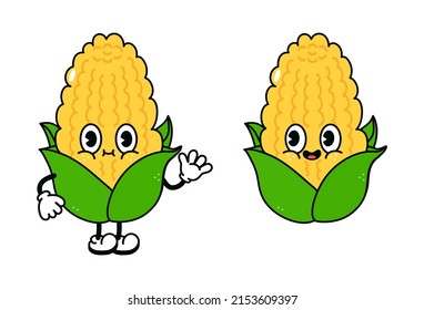 Cute funny corn waving hand character outline cartoon illustration coloring book. Vector corn hand drawn traditional cartoon vintage, retro, kawaii character illustration icon