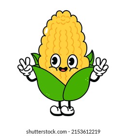 Cute funny corn waving hand character. Vector hand drawn traditional cartoon vintage, kawaii character illustration. Isolated white background. Happy corn character concept