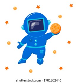 Cute funny cosmonaut. Astronaut exploring outer space. 