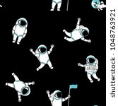 Cute funny cosmonaut astronaut spaceman characters exploring outer space with dog seamless abstract background cartoon pattern for wallpaper, textile, prints. Flat line design. Vector illustration.