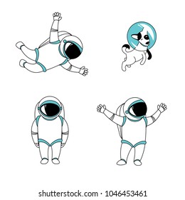 Cute funny cosmonaut astronaut spaceman characters exploring outer space with dog cartoon. Flat line design. Vector illustration. White background