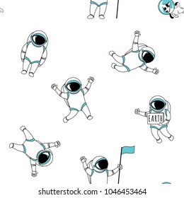 Cute funny cosmonaut astronaut spaceman characters exploring outer space with dog seamless abstract background cartoon pattern for wallpaper, textile, prints. Flat line design. Vector illustration.