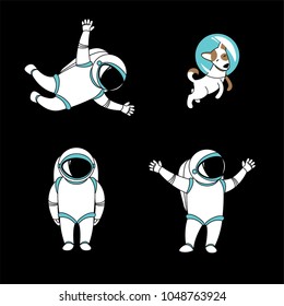 Cute funny cosmonaut astronaut spaceman characters exploring outer space with dog cartoon. Flat line design. Vector illustration. Black background