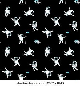 Cute funny cosmonaut astronaut spaceman characters exploring outer space with dog seamless abstract background cartoon pattern for wallpaper, textile, prints. Flat line design. Vector illustration.