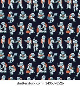 Cute funny cosmonaut astronaut spaceman characters exploring outer space seamless abstract background cartoon pattern for wallpaper, textile, prints. Flat line design vector illustration.