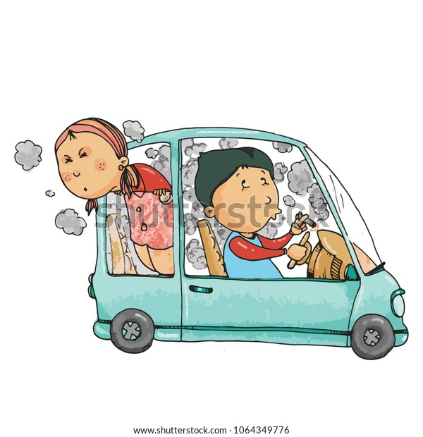 Cute and funny couple driving a car with lot of\
smoke - vector.