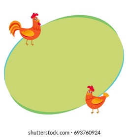 Cute and funny couple of farm rooster and hen, two chicken, cartoon vector illustration with space for text. Cute cartoon, comic style red and orange farm rooster, hen, chicken