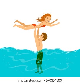 cute funny couple having fun in a pool, guy lifting up a girl above the water. summer beach fun vector illustration