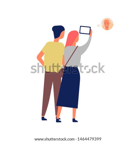 Cute funny couple video chatting with friend via smartphone. Young man and woman using mobile phone for videoconference. Online conversation, internet communication. Flat cartoon vector illustration.