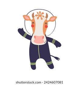 Cute funny cow astronaut in space suit cartoon character illustration. Hand drawn animal, Scandinavian style flat design, isolated vector. Kids print element, space adventure, travel, science