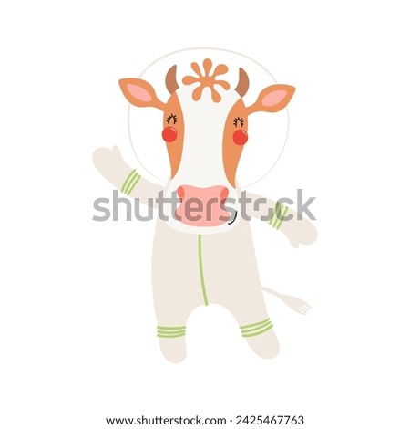 Cute funny cow astronaut in space suit cartoon character illustration. Hand drawn animal, Scandinavian style flat design, isolated vector. Kids print element, space adventure, travel, science