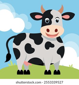 Linda y divertida vaca. Baby Cow de pie. Diseño de carácter de la vaca de Ilustración vectorial con color plano. Se puede utilizar para el diseño de camisetas, carteles y fiesta de Baby Shower y personajes.