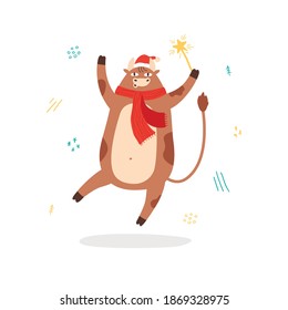 Cute funny cow, bull or ox with Santa hat, scarf and fireworks. Merry Christmas and happy new year 2021. The year of the ox. The male cow and bull wear red santa costume. Animal holidays cartoon