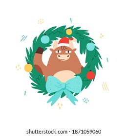 Cute funny cow, bull or ox and christmas wreath. Merry Christmas and happy new year 2021. The year of the ox. The male cow and bull wear red santa costume. Animal holidays cartoon character. Vector