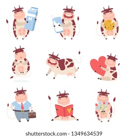 Cute Funny Cow Characters Set, Cheerful Farm Animal in Different Situations Vector Illustration