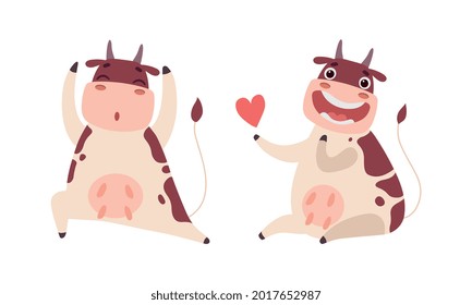 Cute Funny Cow Characters Set, Adorable Farm Animal Doing Yoga Cartoon Vector Illustration