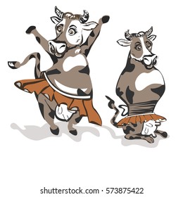 Cute funny cow, dancing on a white background.Vector illustration