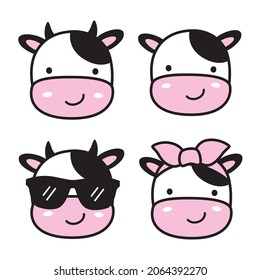 Cute Funny Cow Faces With Bow And Sunglasses Vector Illustration.