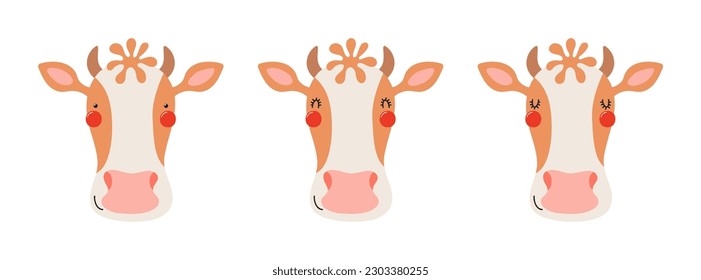 Cute funny cow faces illustrations set. Hand drawn cartoon character. Scandinavian style flat design, isolated vector. Kids print element, poster, card, wildlife, nature, baby animals