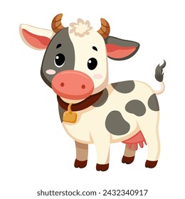 Cute funny cow, happy little calf. Сute farm animal isolated on white background. Flat vector illustration.