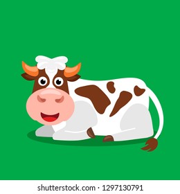 Cute, funny cow in spots on a green background with shadow flat vector illustration isolated