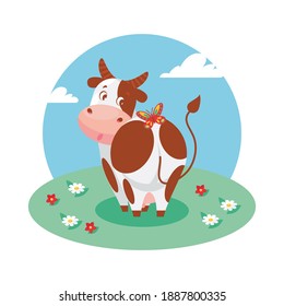Una linda y divertida vaca se para atrás en el pasto, mira a su alrededor y ve una mariposa. Ilustración vectorial aislada en blanco, caricatura, postal, afiche, diseño de embalaje.