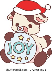 Nettes lustiges Kuh-Aufkleber-Symbol mit Weihnachtsthema. Lustige Kuh bringen ein Joy Dekor 
