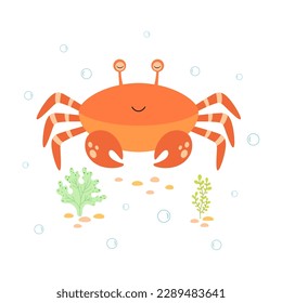 cute funny crab with claws, sea creature with pincers isolated on white background, colored flat vector illustration of cartoon water animal and seaweed