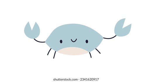 Cute funny crab. Happy sea animal with claws. Adorable Scandinavian baby character, comic smiling crayfish, shellfish. Kids childish Scandi flat vector illustration isolated on white background