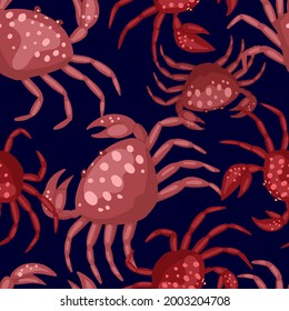 Cute, funny crabs. Abstract vector stock seamless pattern. Colored cartoon ornament with sea animals. Modern design for summer print, fabric, textile, background, wallpaper, wrapping, card, decor.