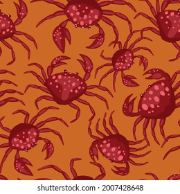 Cute, funny crabs. Abstract vector stock seamless pattern. Colored cartoon ornament with sea animals. Modern design for summer print, fabric, textile, background, wallpaper, wrapping, card, decor.