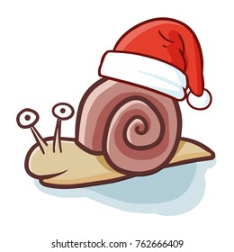 Cute and funny crawling snail wearing Santa's hat for Christmas and smiling - vector.