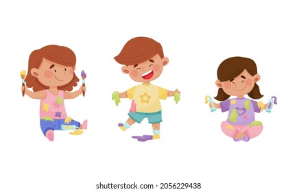 Cute funny creative boy and girls in stained clothes painting with paints and brushes set cartoon vector illustration