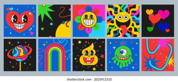 Cute, funny creatures. Comic characters, patterns, abstract geometric shapes, forms. Flat style colorful posters, backgrounds. Vector illustration.