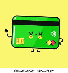 Cute funny credit card character. Vector hand drawn cartoon kawaii character illustration icon. Isolated on yellow background. Credit card character concept