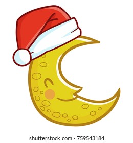 Cute and funny crescent moon wearing Santa's hat for Christmas and smiling - vector.