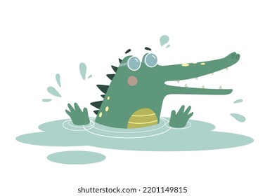 Cute funny crocodile. Alligator in glasses bathes in water or puddle. African predator. Design element for printing on fabric or paper. Cartoon flat vector illustration isolated on white background